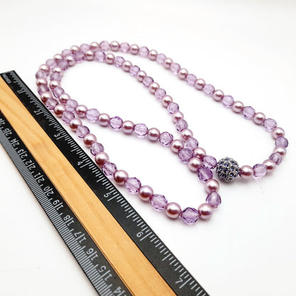 Vintage Joan Rivers Lavender Glass Pearls Crystal Beaded Necklace, Rhinestone Screw Clasp