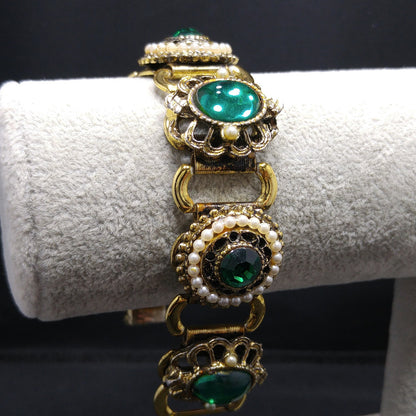 Emerald Green Rhinestones Book Chain Bracelet, Faux Pearls, 1940s 1950s Vintage Jewelry