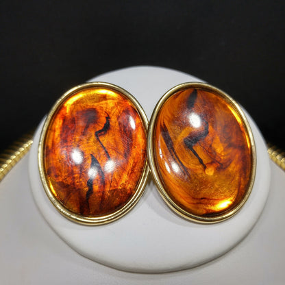 Topaz Lucite Omega Necklace Post Earrings, Faux Tortoise, 1980s Vintage Jewelry