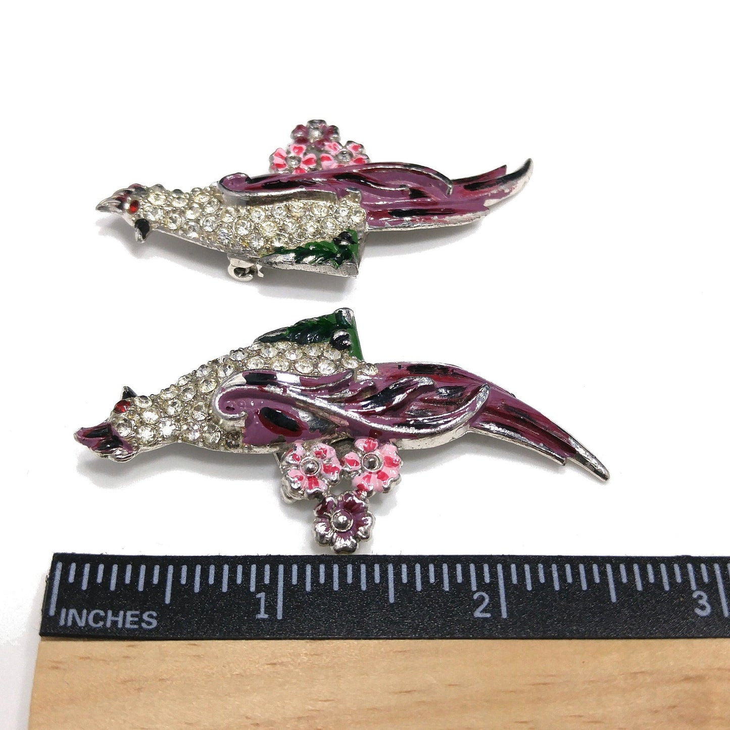 Duette Bird Brooches, Unsigned, Coro Style, Set of Two, Rhinestone and Enamel, 1940s Vintage Jewelry