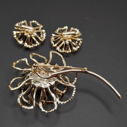 Vintage Sarah Coventry AB Rhinestone Centers Gold Tone Flower Brooch Clip Earrings Set