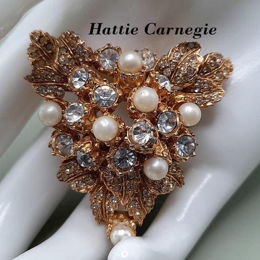 Vintage Hattie Carnegie Brooch, Faux Pearls, Pave Larger Rhinestones, Gold Plated, 1950s