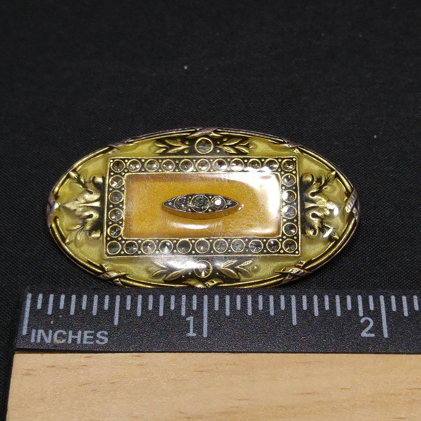 Catherine Popesco Oval Brooch, Cream & Gold Enamel, Rhinestones Under Enamel, France, 1980s Vintage Jewelry
