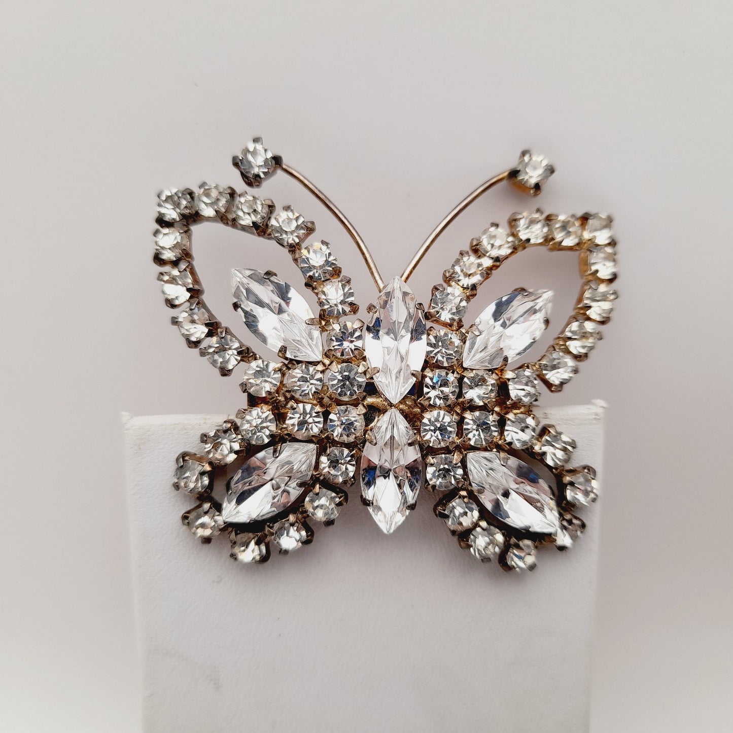Vintage Mid-Century Clear Rhinestone Butterfly Brooch Pin Silver Tone