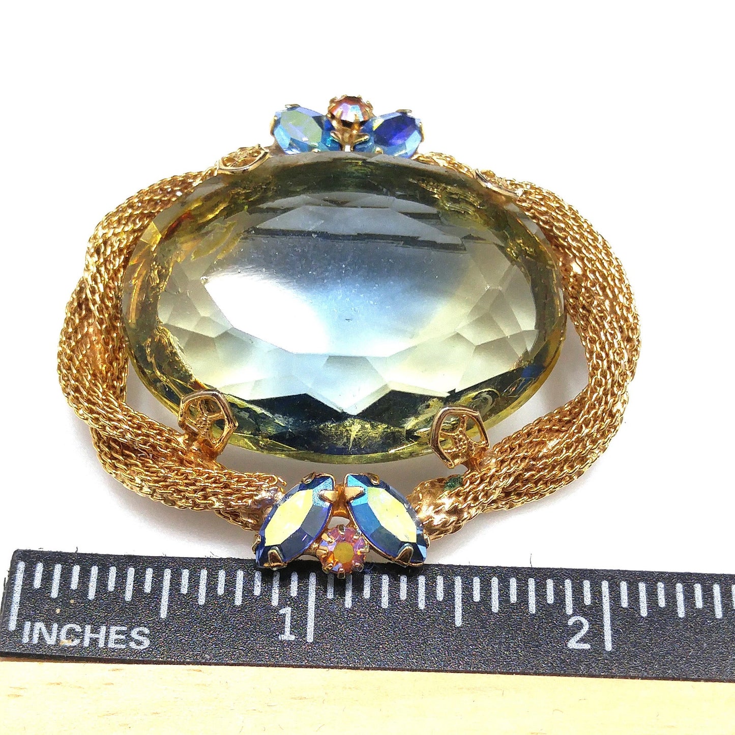 Large Glass Mesh Frame Brooch & Pendant, Gold Plated, 1960s Vintage Jewelry
