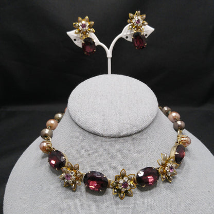 Purple Rhinestone Floral Necklace Earrings, Faux Pearls, 1950s Vintage Jewelry