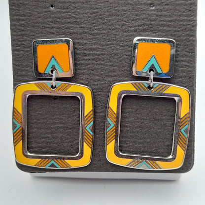 Vintage 1988 Laurel Burch Geometric Yellow Orange Enamel Post Earrings on Original Card