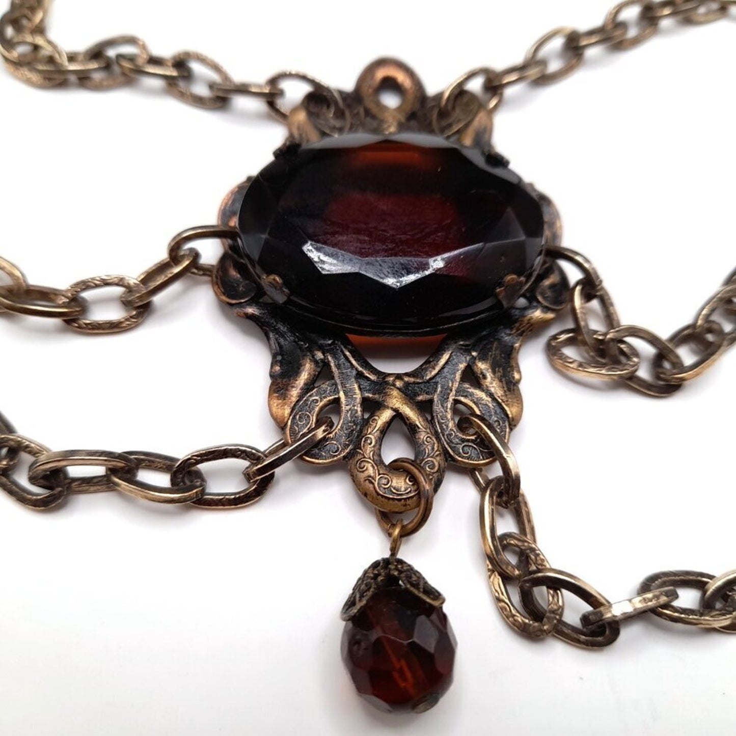 Vintage Hong Kong Boho Chain Belt Brown Glass Stones 32" Filigree 1960s