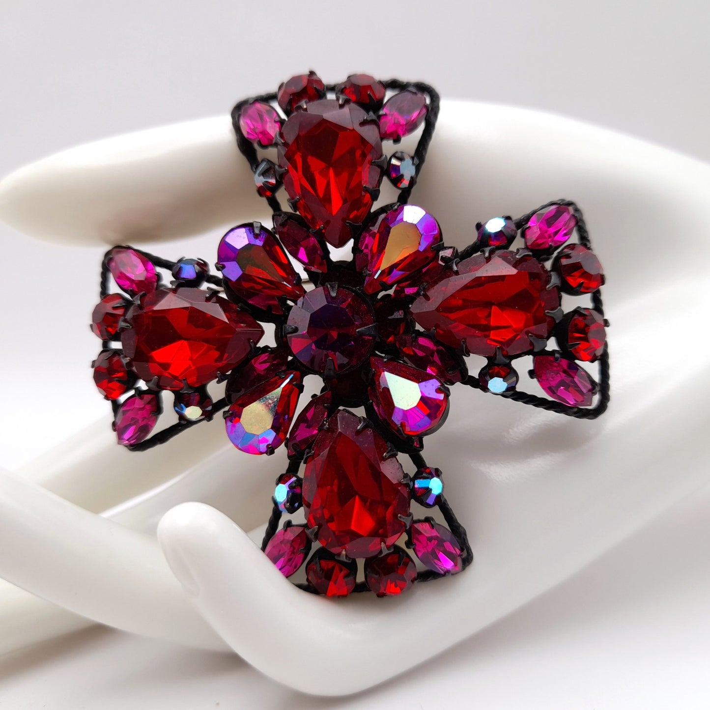 Signed Regency Red Pink Japanned Rhinestone Maltese Cross Brooch