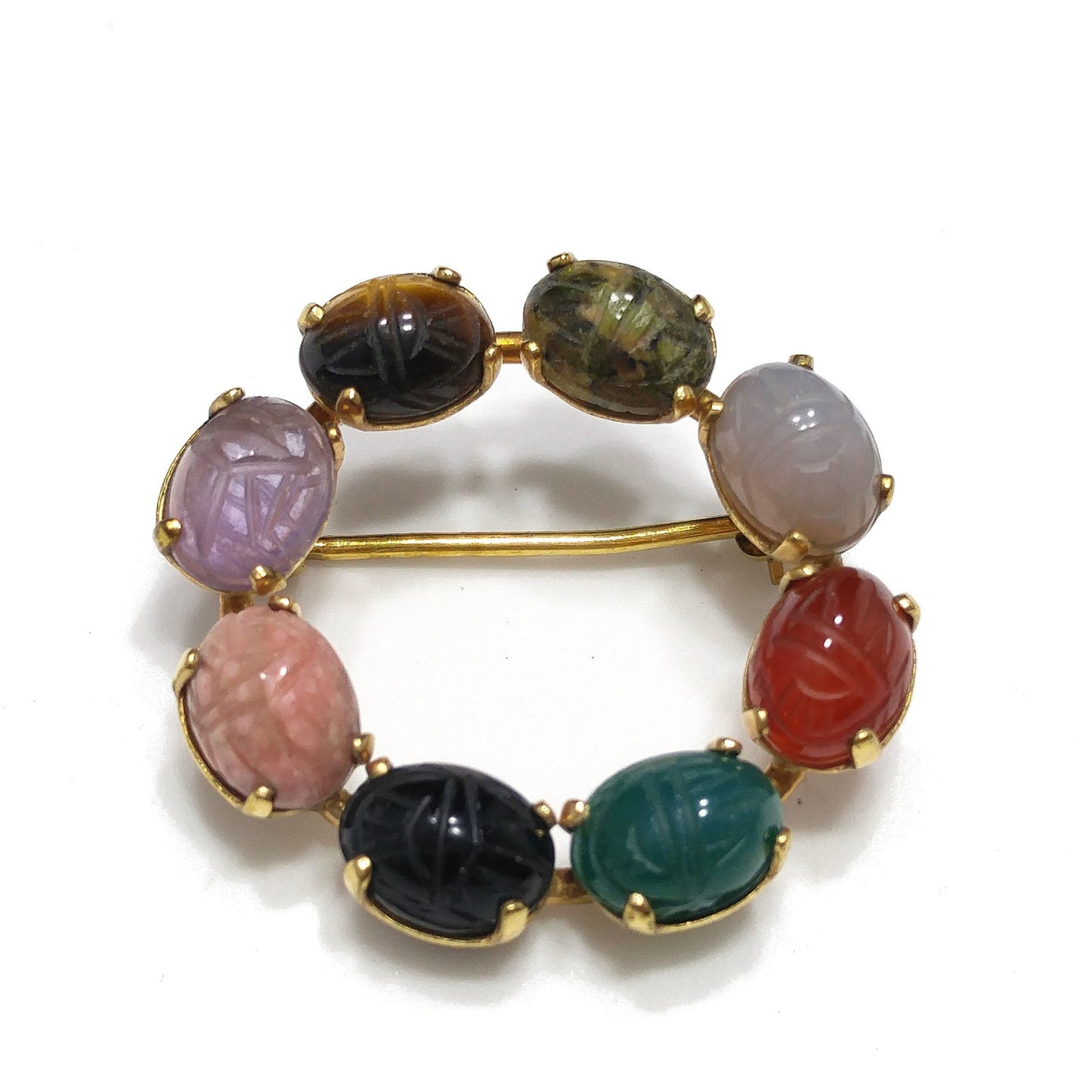 C. C. Gemstone Eight Scarab Brooch, 12K Gold Filled, Garnet Jadeite Quartz, 1950s Vintage Jewelry