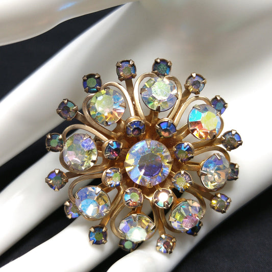 Aurora Borealis Rhinestones Brooches, Mid Century, 1950s Vintage Jewelry