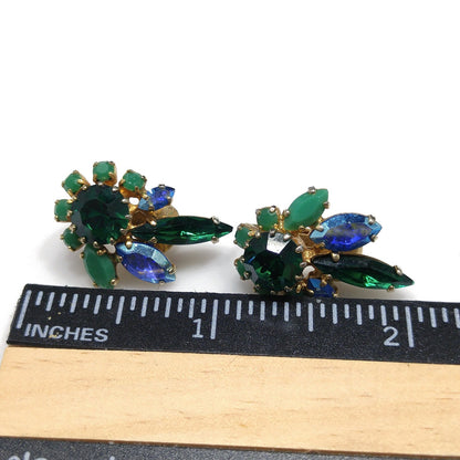 Sherman Green & Blue Rhinestone Earrings, Gold Plated, 1960s Vintage Jewelry