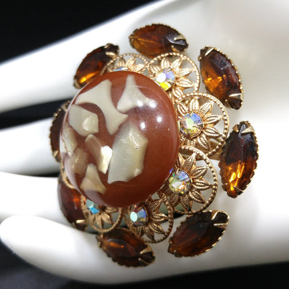 Judy Lee Lucite Flower Brooch, Aurora Borealis Rhinestones, 1960s Vintage Jewelry
