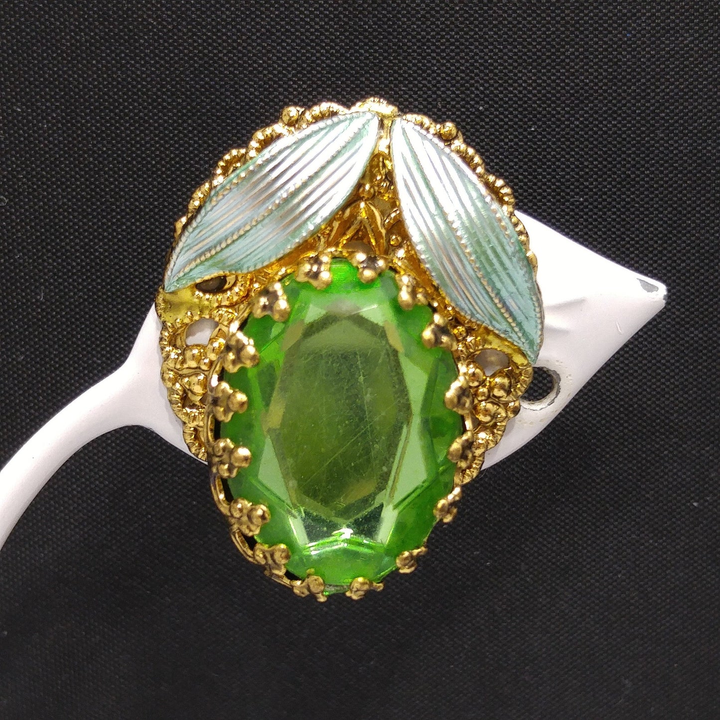 West Germany Green Clip Earrings, Filigree Green Enamel, Faux Pearls, 1950s Vintage Jewelry
