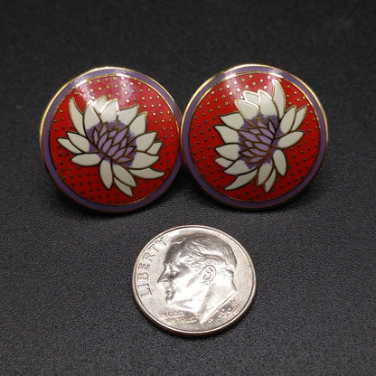 Vintage Laurel Burch "Tibetan Lily" Post Earrings, Red White Purple Enamel