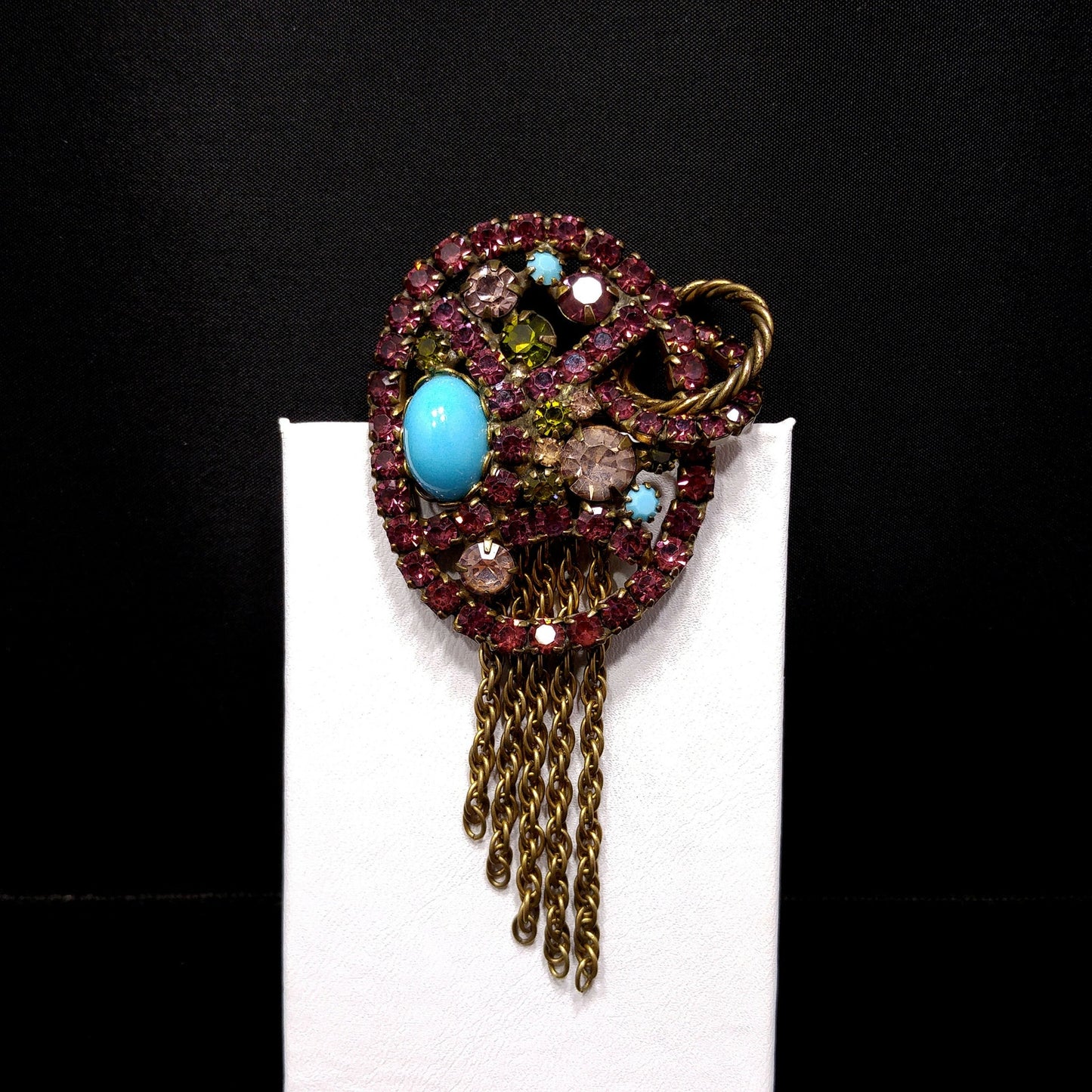 Vintage Purple Rhinestone Turquoise Cabochon Brooch, Antique Gold Tone Fringe Pin