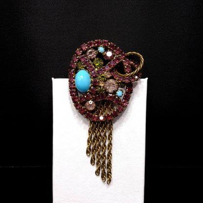Vintage Purple Rhinestone Turquoise Cabochon Brooch, Antique Gold Tone Fringe Pin