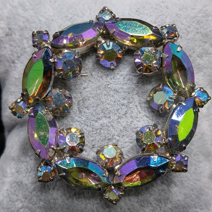 Blue Vitrail Rhinestone Wreath Brooch, 1960s Vintage Jewelry, Rhodium Plated