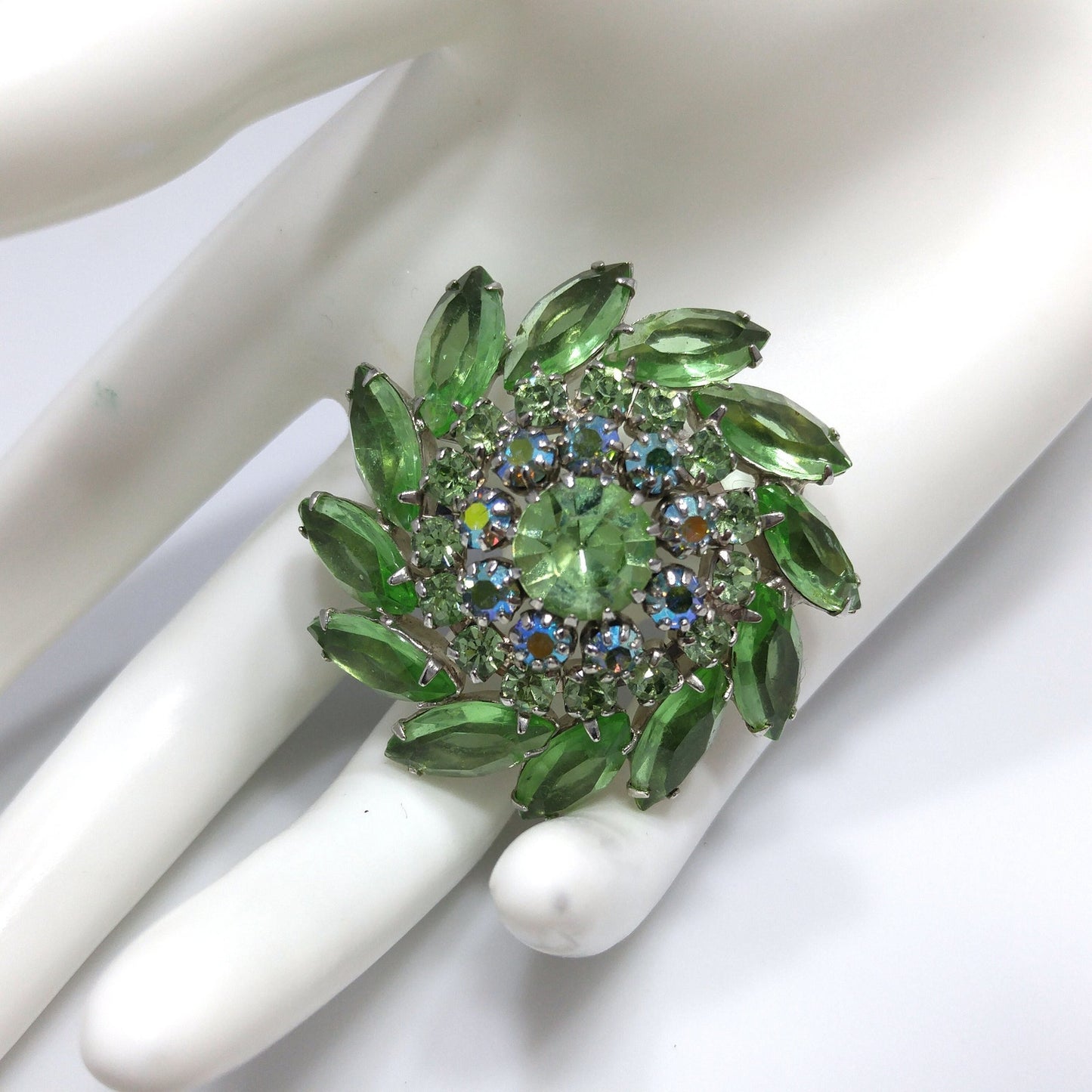 Vintage Peridot Green Rhinestone Domed Brooch, Aurora Borealis, 1960s
