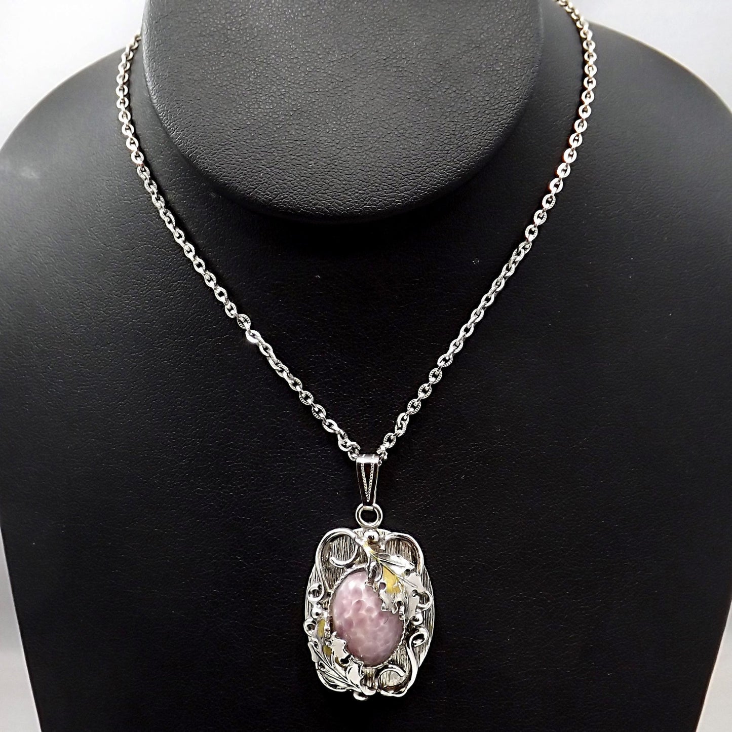 Vintage Whiting & Davis Pendant Necklace Easter Egg Glass Cabochon Silver Tone Floral Frame Vintage Jewelry
