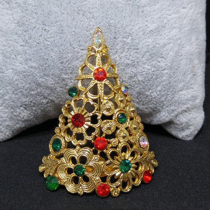 Mylu Christmas Tree Brooch, Gold Plated Floral Rhinestone Pin, 1960s Vintage Holiday Jewelry