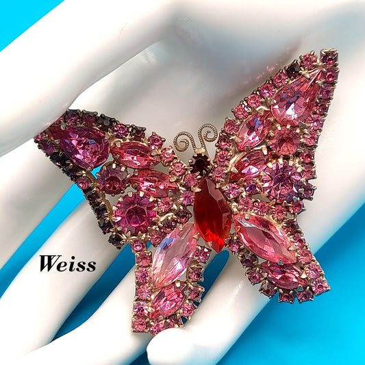 Vintage Weiss Butterfly Brooch, Pink Red Rhinestones, 1950s Jewelry