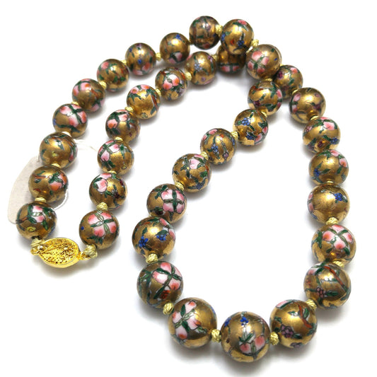 Vintage Chinese Beaded Necklace, Hand Painted & Knotted Floral Beads, 1940s Vintage Jewelry