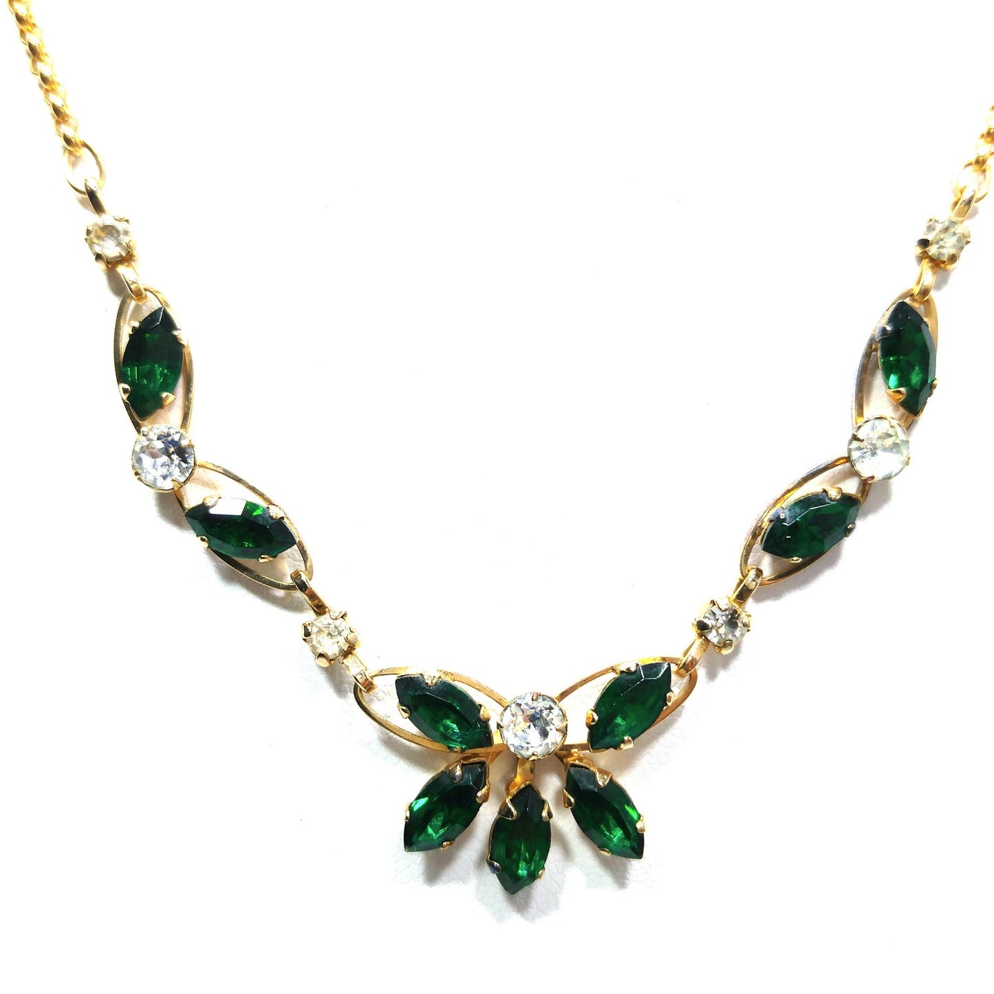 Van Dell Green Clear Rhinestone Necklace Earrings Set, 12K Gold Filled, 1940s Vintage Jewelry