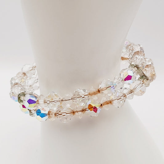 Vintage 1950s Clear Aurora Borealis Crystal Bracelet – Two Strand Memory Wire – 6 1/2 Inches