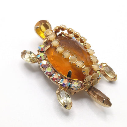 Turtle Brooch, Juliana Style Open Back Rhinestones, Gold Plated, 1960s Vintage Jewelry