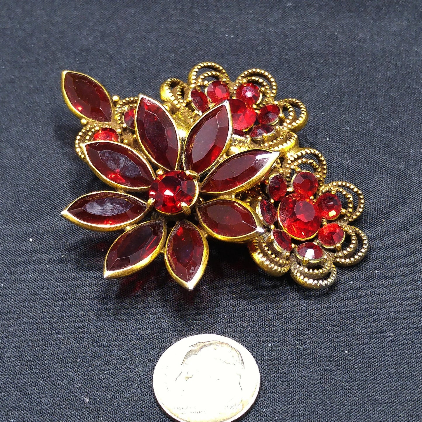Vintage Red Crystal Rhinestone Floral Brooch, Antique Gold Plated, 1980s Vintage Jewelry