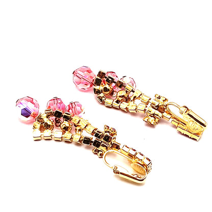Vintage Pink Rhinestone Crystal Drop Clip On Earrings