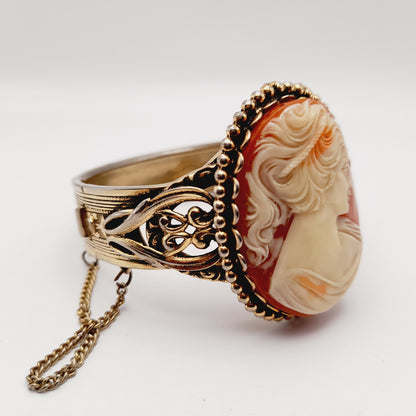 Vintage Lucite Cameo Gold Tone Hinged Bracelet with Safety Chain