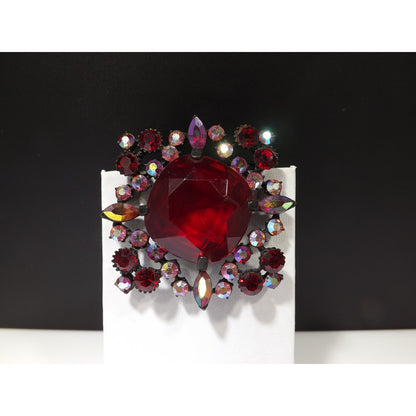 Red Large Rhinestone Aurora Borealis Brooch, Japanned Black Enamel, 1970s Vintage Jewelry