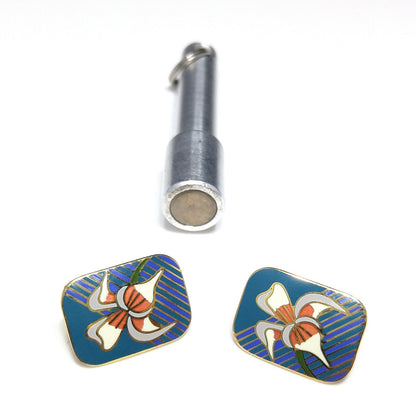Vintage Laurel Burch "Iris" Clip On Earrings, Gold Plated Cloisonné Enamel, 1980