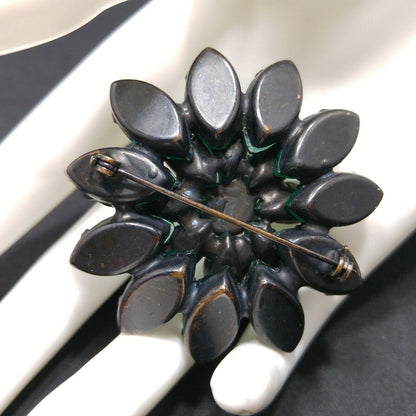 Vintage Emerald Green Rhinestones Floral Japanned Brooch, Mid-Century Flower Pin, 1950s Vintage Jewelry