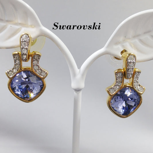 Swarovski Purple Crystal Post Earrings, Gold Plated, Swan Logo, 1990s Vintage