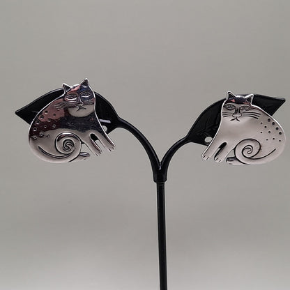 Vintage Laurel Burch Keshire Cat Clip Earrings, Rhodium Plated