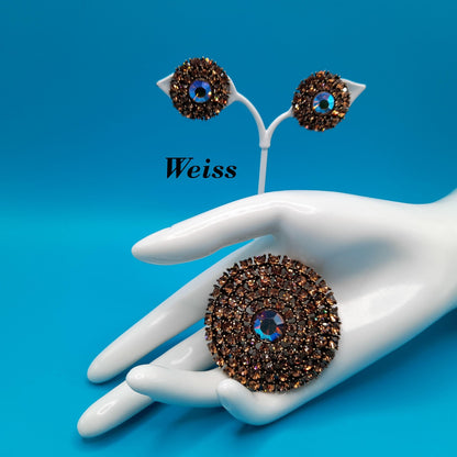 Vintage Weiss Topaz Rhinestone Brooch Earrings Set, Aurora Borealis, 1960s