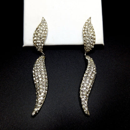 Vintage CINER Modernist Pave Clear Rhinestone Dangle Clip on Earrings, Rhodium Plated