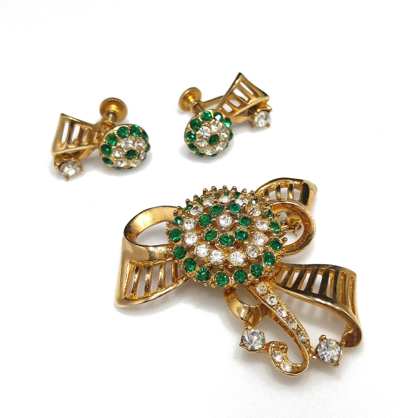 Green Rhinestone Brooch & Earrings, Gold Plated, 1940s Vintage Jewelry