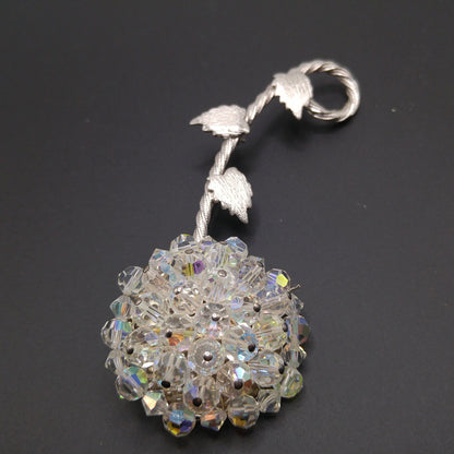 Vintage Austrian Crystal Flower Brooch, Aurora Borealis, Rhodium Plated Stem Leaves, 1960s Vintage Jewelry