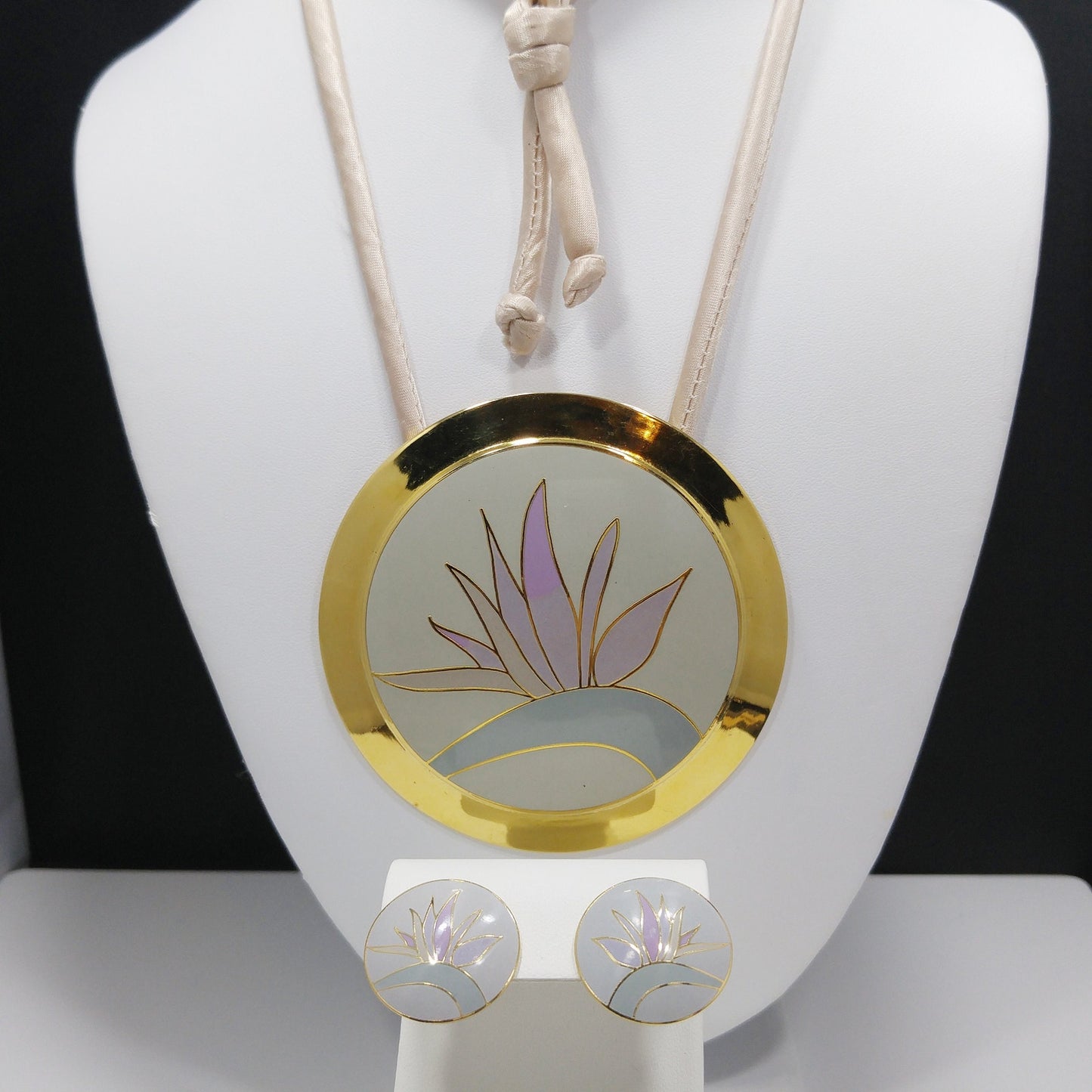 Laurel Burch "Bird of Paradise" Necklace & Earrings Set, Gold Plate Cloisonné Pastel Enamel, 1980s Vintage Jewelry