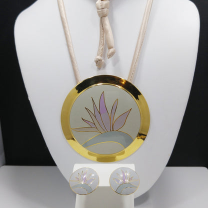 Laurel Burch "Bird of Paradise" Necklace & Earrings Set, Gold Plate Cloisonné Pastel Enamel, 1980s Vintage Jewelry