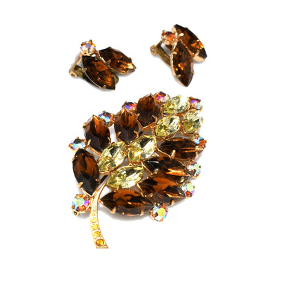Mid-Century Topaz Jonquil Rhinestone Leaf Brooch Earrings Set, 1960s Vintage Jewelry