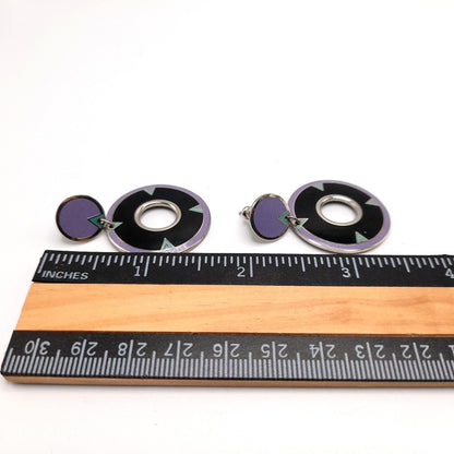 Laurel Burch "Summer Moon" Drop Earrings, Cloisonne Enamel, Rhodium Plate, Rare 1980s Vintage Jewelry