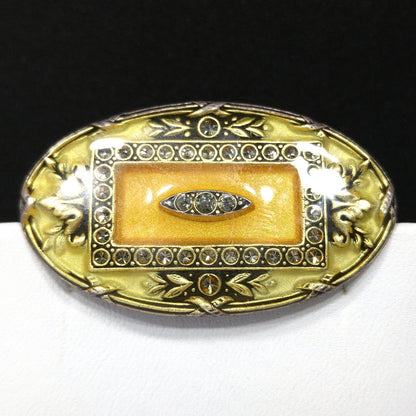 Catherine Popesco Oval Brooch, Cream & Gold Enamel, Rhinestones Under Enamel, France, 1980s Vintage Jewelry