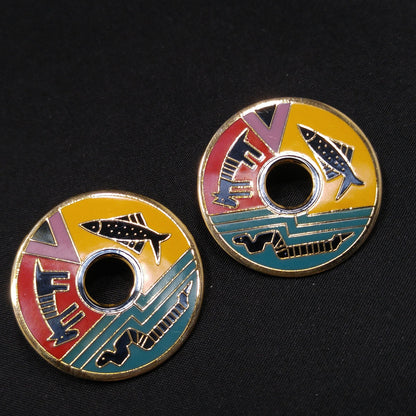 Laurel Burch "Artifact" Post Earrings, Fish Snake Dog Enamel Cloisonne, 1980s Vintage Jewelry