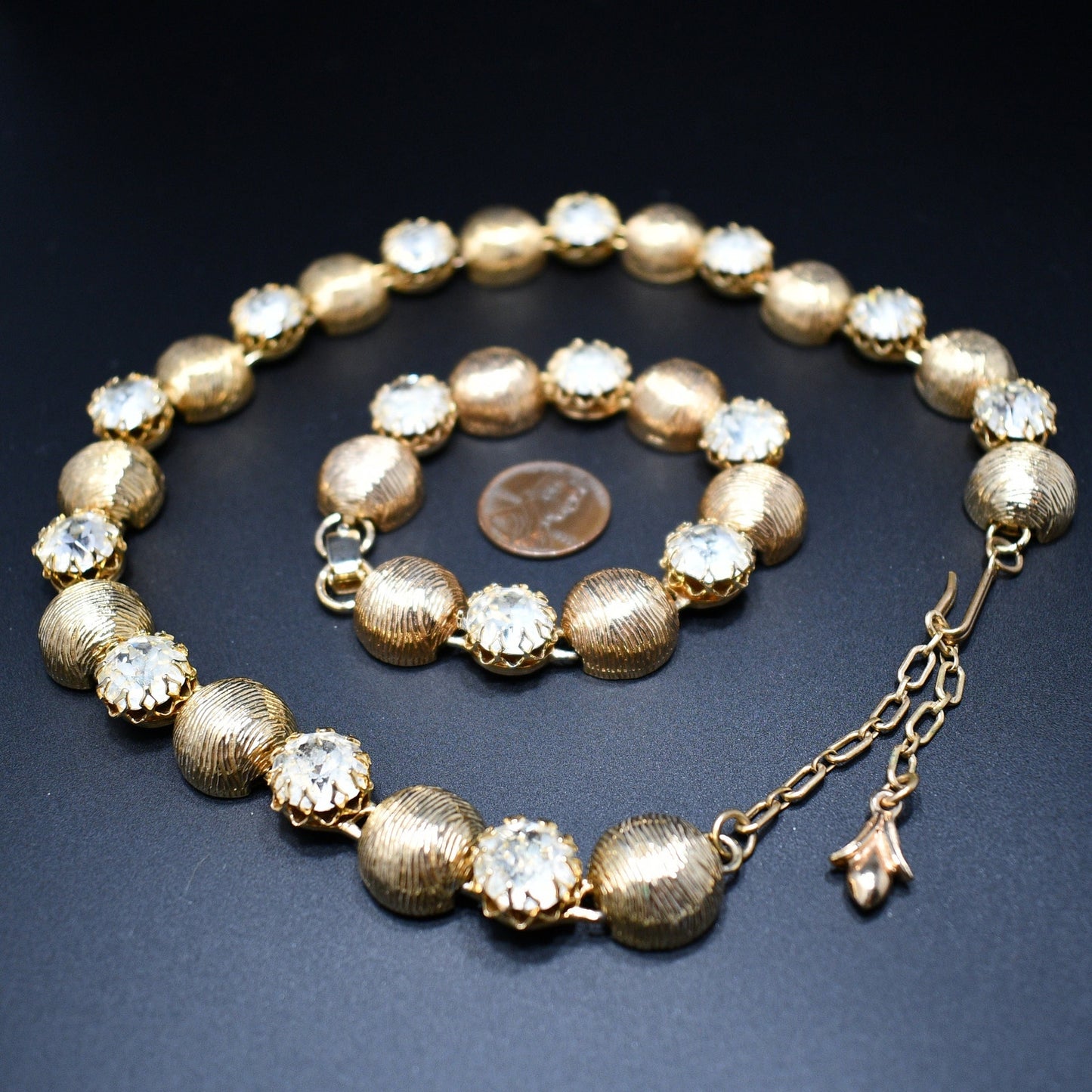 Kramer Necklace & Bracelet Set, Gold Plated, Headlight Diamante Rhinestones, 1960s Vintage Jewelry