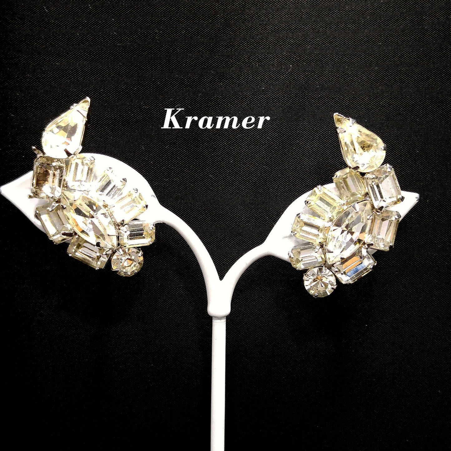 Kramer Clear Rhinestone Clip Earrings, Rhodium Plated, Wedding Earrings, 1950s Vintage Jewelry